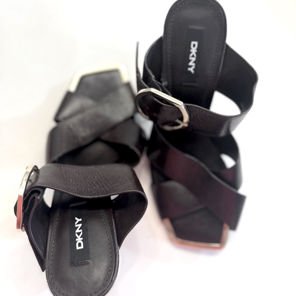 DKNY Lake Buckled Slide Leather Sandals, High Heel Platform - Picture 7 of 14